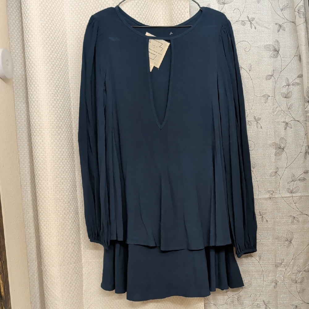 Free People Midnight Navy Long-Sleeve Pleated Keyhole Dress